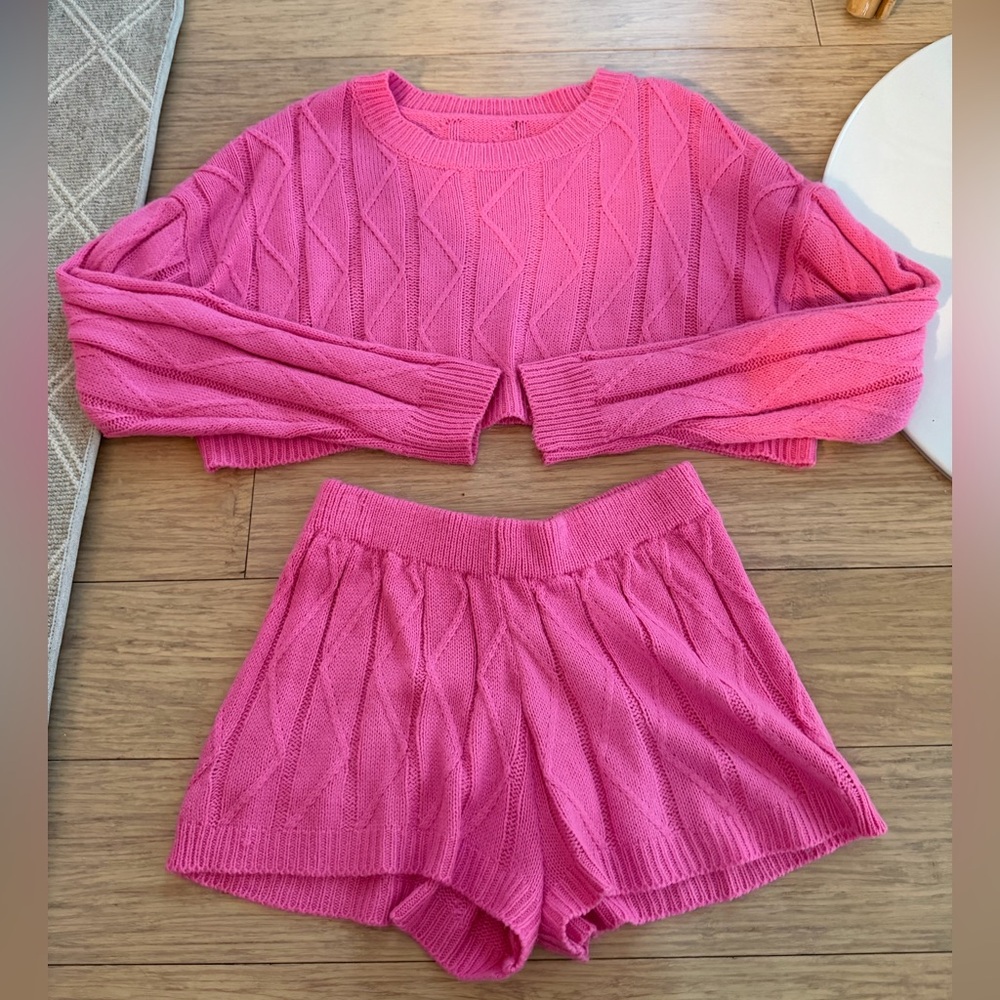 Pink Knit Sweater and Shorts Set